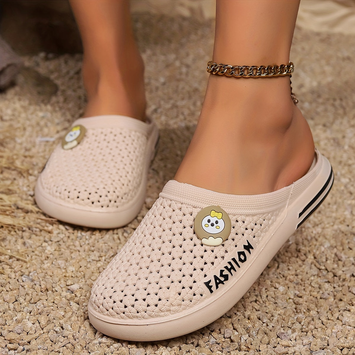 Women's Mules Breathable Summer Slip-On Shoes Solid Color Flat Heel