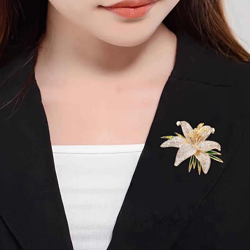 Elegant Lily Flower Brooch with Diamonds Alloy Lapel Pin for Women's Fashion