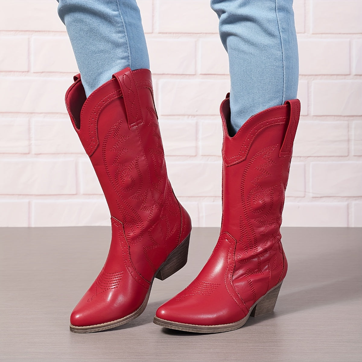 Женские кожаные западные сапоги с массивным каблуком, заостренным носком, ковбойский стиль, до середины икры