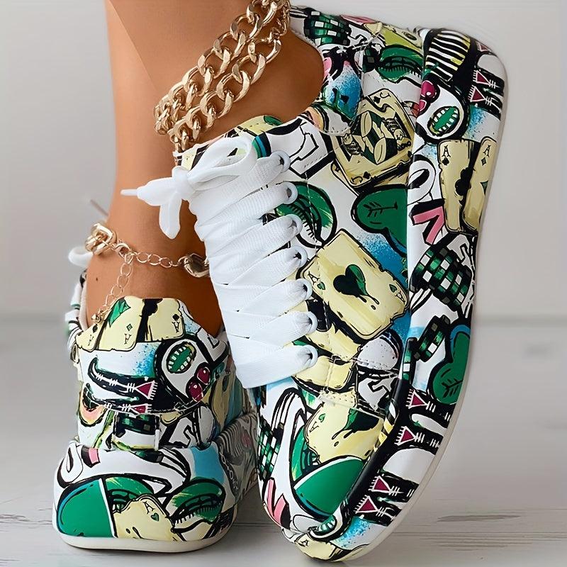 Women's Graffiti Print Sports Shoes, Lace-Up Low Top Platform Sneakers