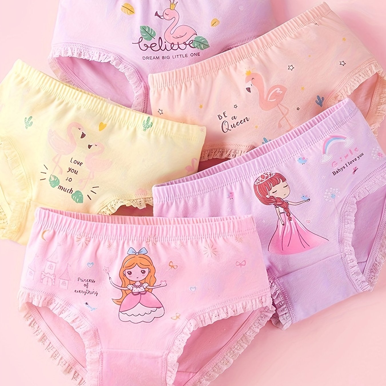 5 dona yumshoq, cho'ziluvchan paxta ichki kiyim qizlar uchun, chiroyli dizaynlar va dantel bezaklari bilan, barcha mavsumlarda qulaylik ta'minlaydi.