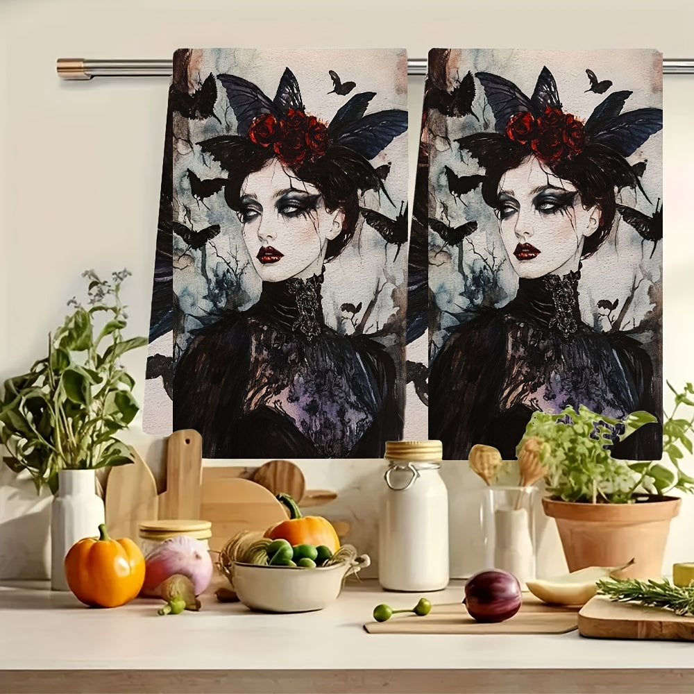 Two Pieces Gothic Kitchen Towels Red Roses Black Lace Absorbent 40x60 cm