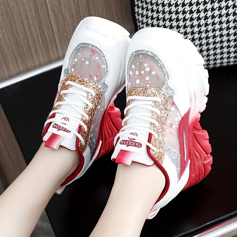 Women's Low-Top Hiking Sneakers Breathable Synthetic Cushioned Sole White Red