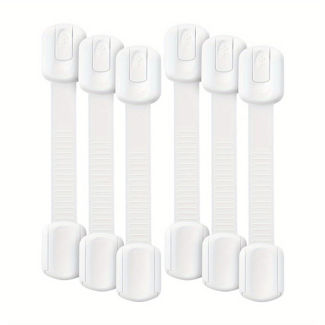 Set of 6 or 8 White Safety Strap Locks for Cabinet Doors and Drawers