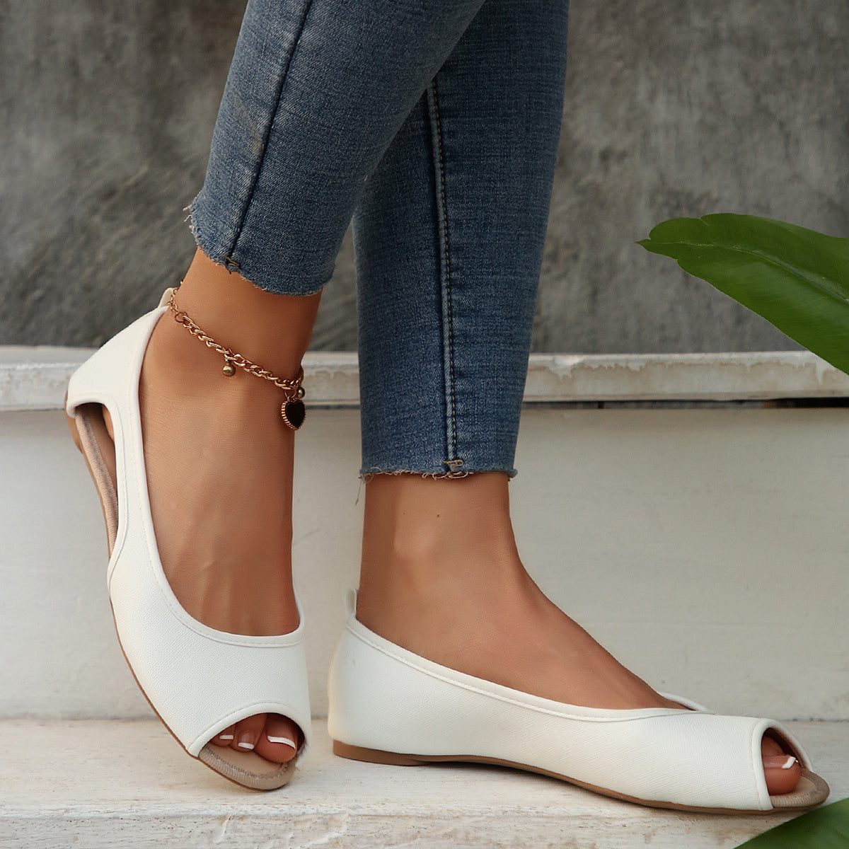 Women’s White Cross Pattern PU Slip-On Flats Open-Toe Casual Shoes