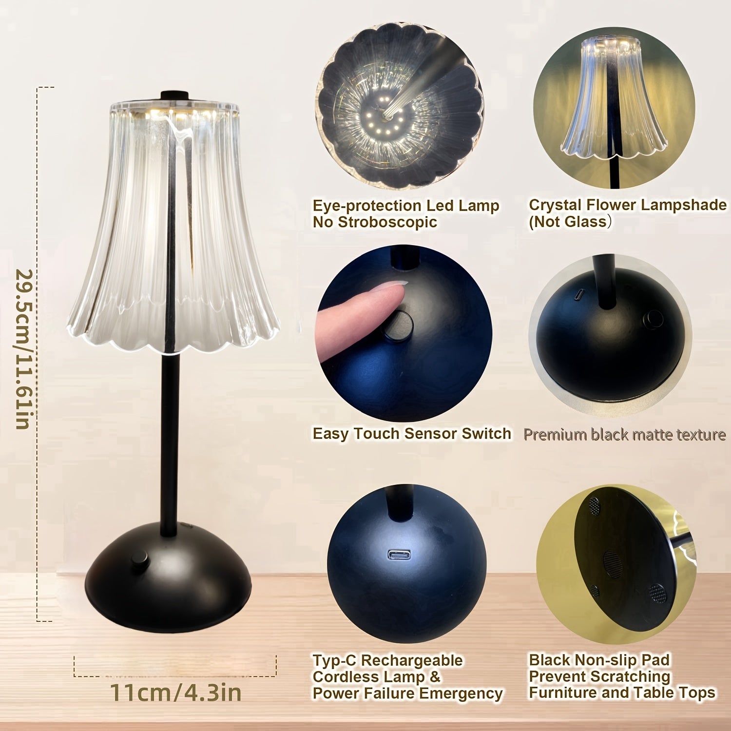 Lámpara de mesa LED Art Deco con control táctil, recargable por USB, brillo ajustable