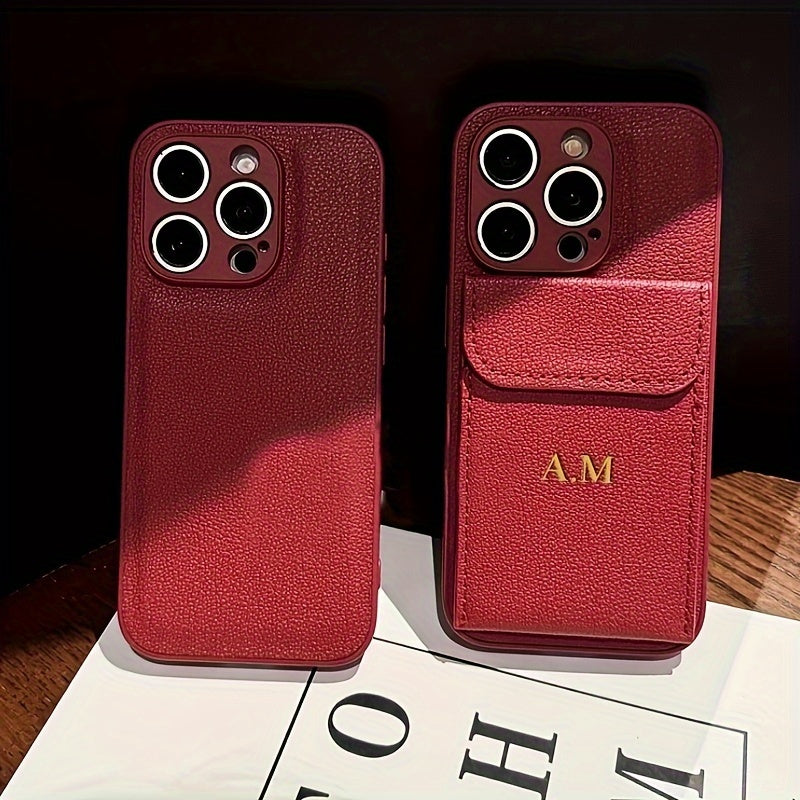 Golden Letter Faux Leather Phone Case for iPhone with Card Slot Shockproof Back Cover