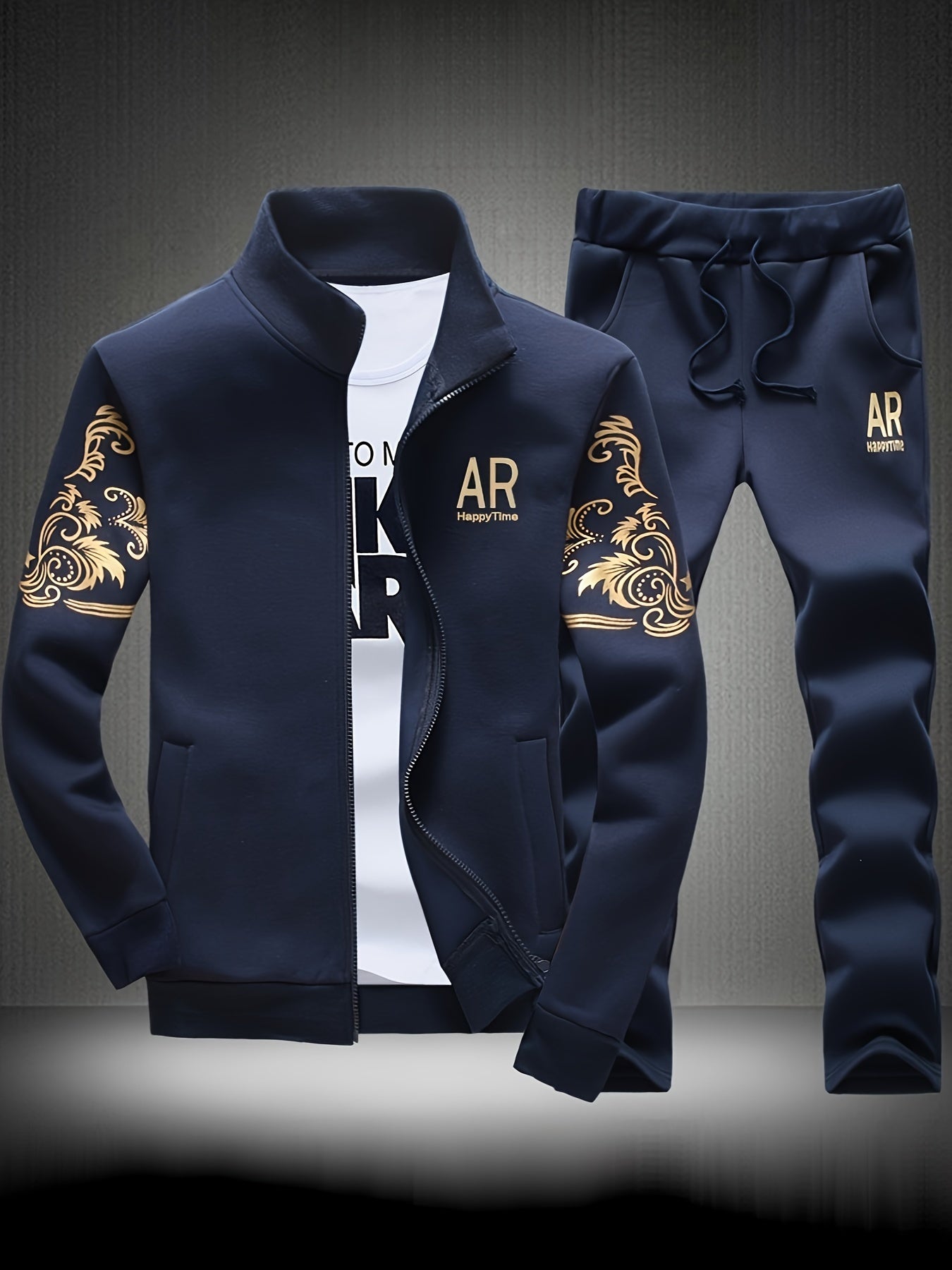 Men's Casual Sportswear Set Full Zip Printed Jacket and Drawstring Pants Polyester