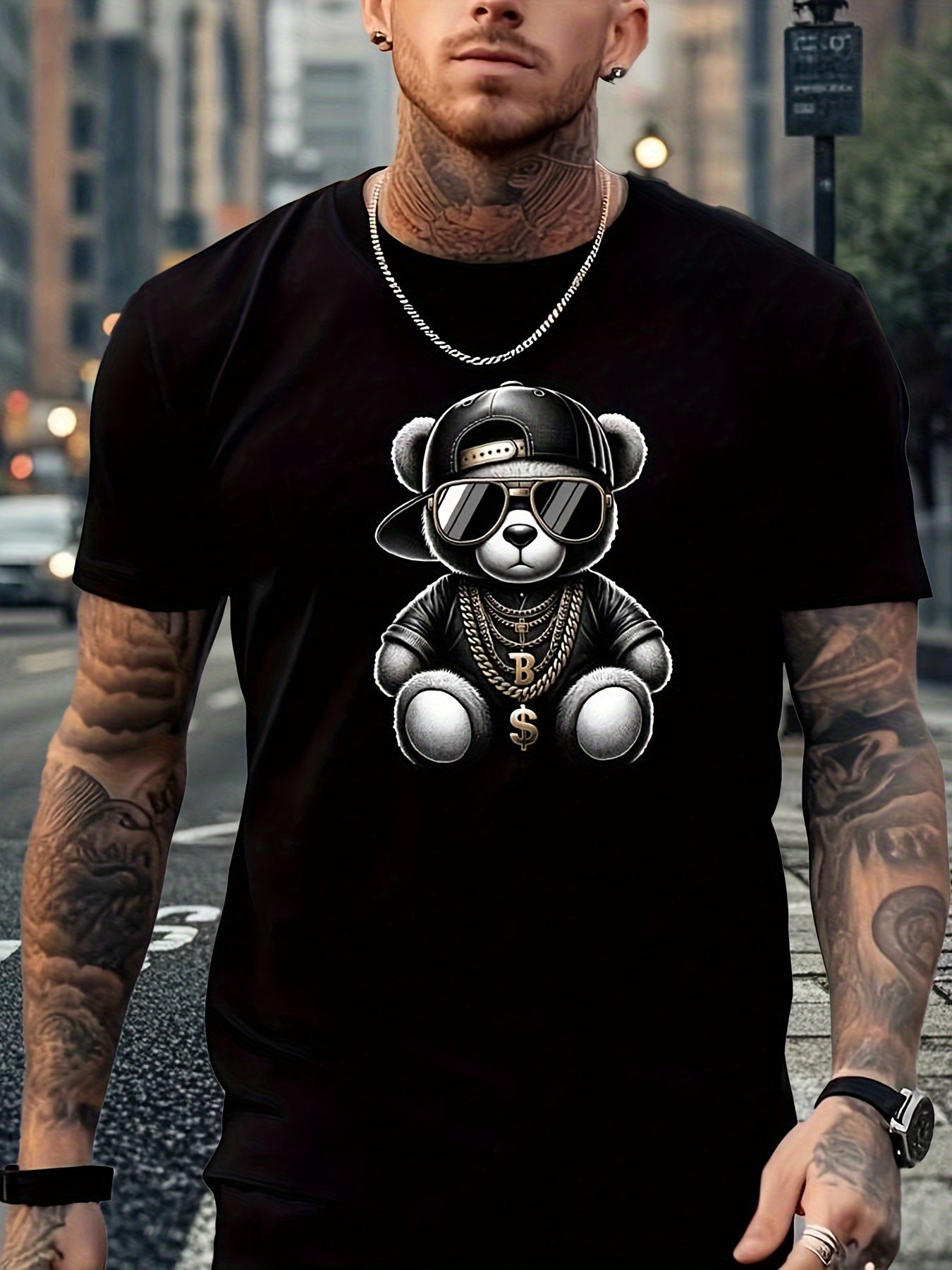 Men's Cartoon Bear Print Pajama Set Short Sleeve Shorts Knit Sleepwear All Seasons