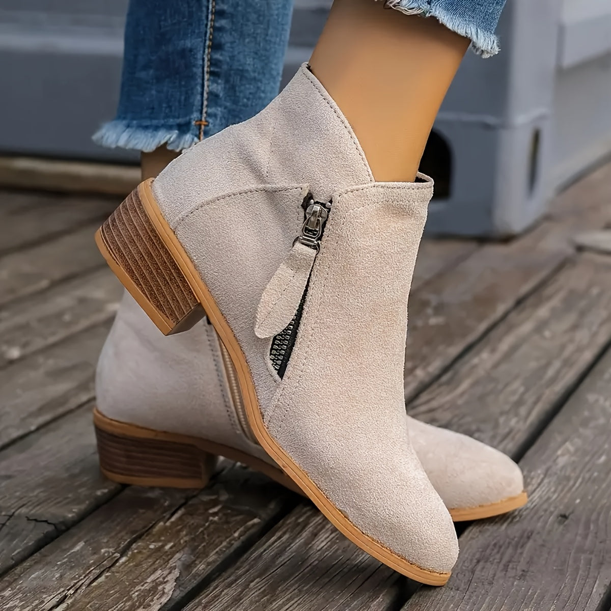 Women's Velvet Low Heel Ankle Boots with Side Zipper Casual Shoes