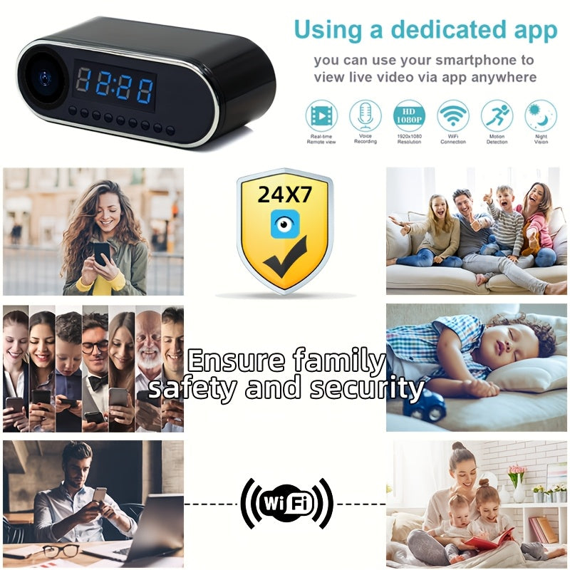 Mini Camera Clock HD 1080P WiFi Night Vision Wide-Angle Home Security with 64GB Memory