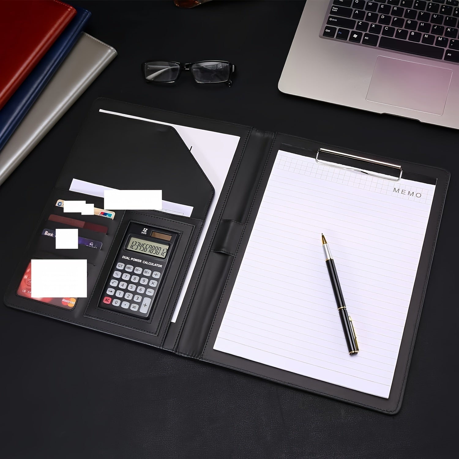 Black Faux Leather Clipboard Folder with Resume Organizer Business Card Holder Pen Loop Smartphone Pocket Office Organizer