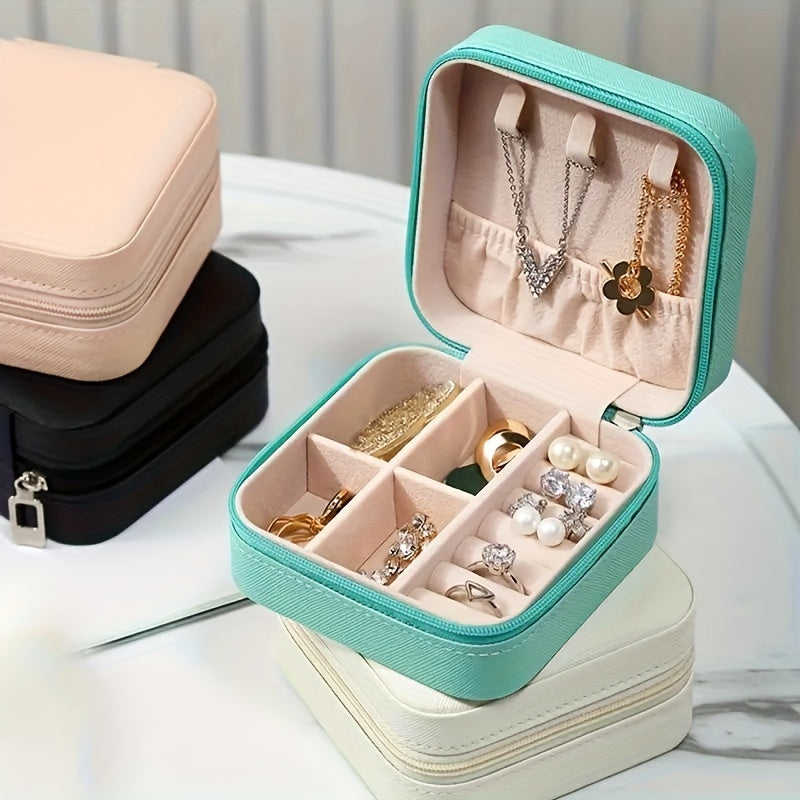 Compact Travel Jewelry Case with PU Leather Organizer for Rings Earrings and Necklaces