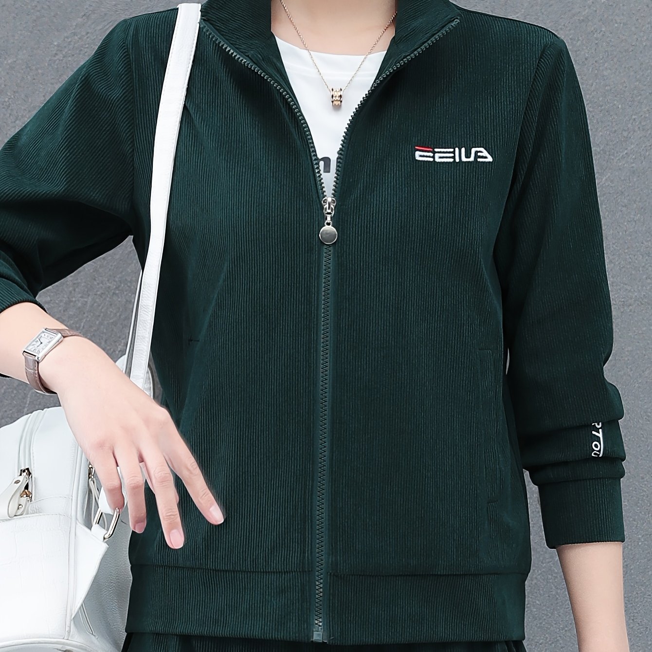 Women's Plus Size Olive Green Corduroy Jacket Casual Zip-Up Outerwear