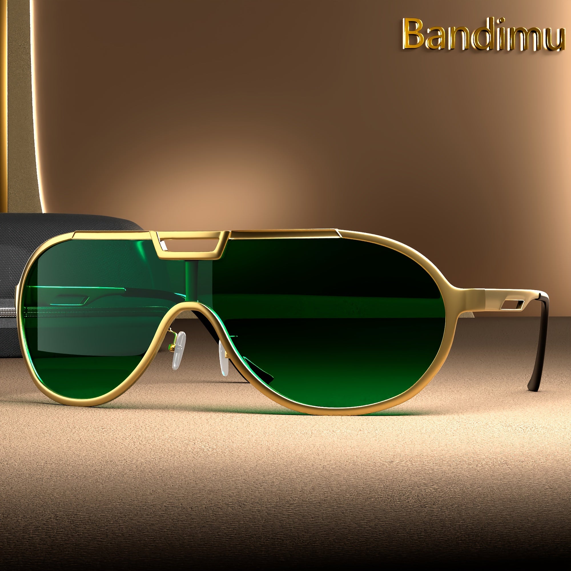 Tashqarida velosiped va ko'chalar uslubiga mo'ljallangan katta o'lchamli oltin ramkali quyosh ko'zoynaklari, himoya qutisi bilan