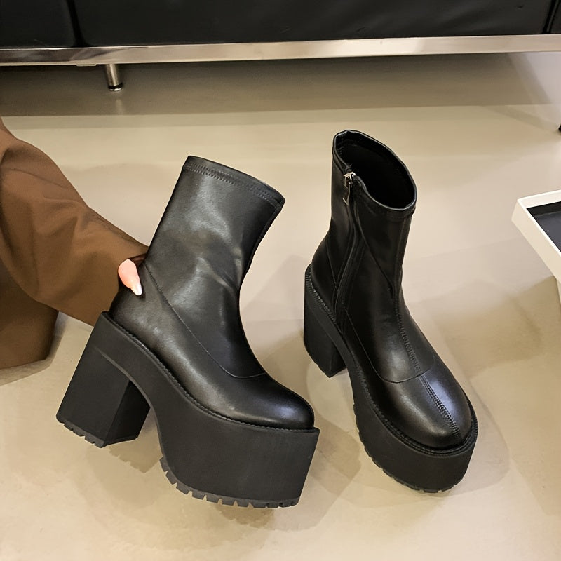 Women's Black Leather Thick Heel Platform Round Toe Boots for Autumn Winter