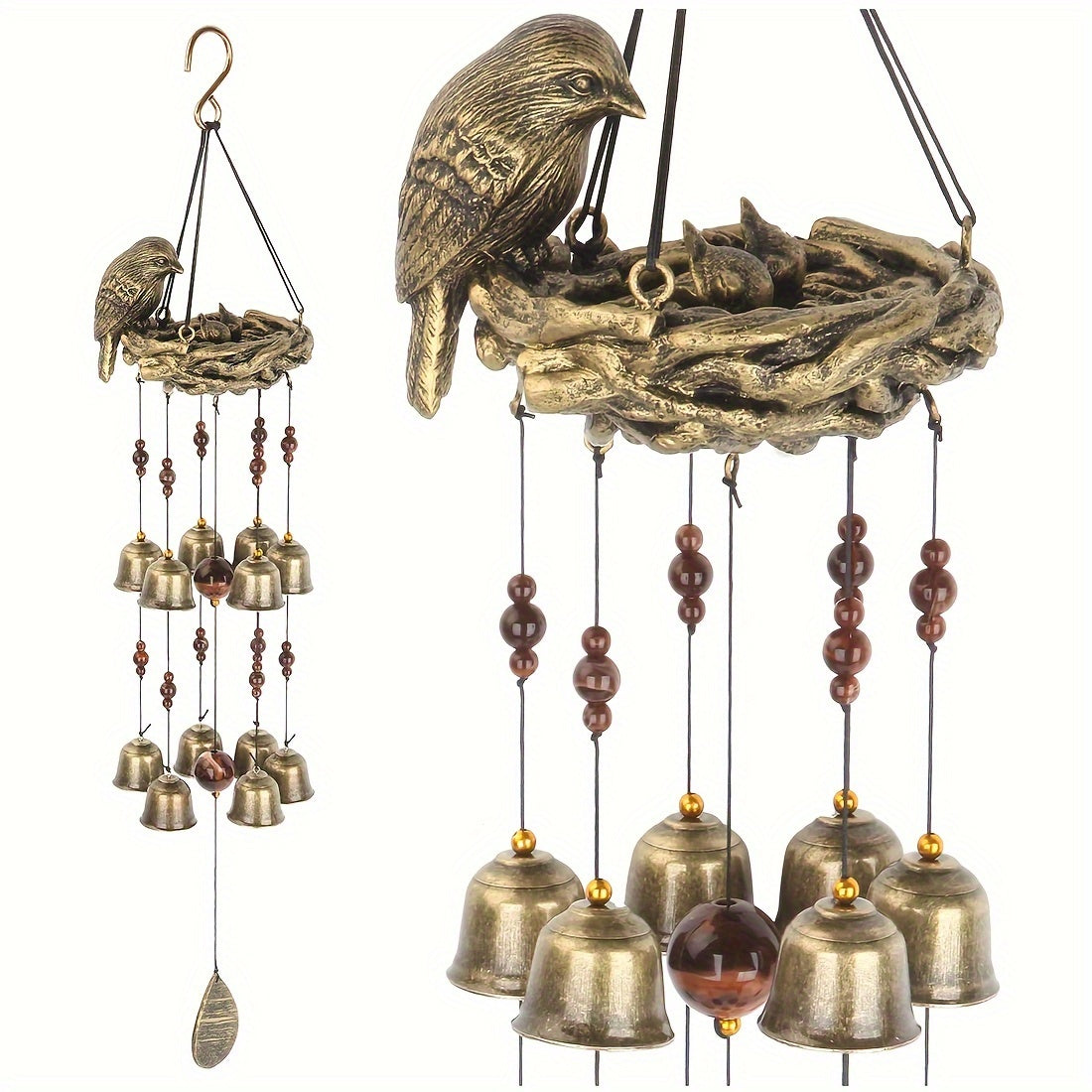 Bronze Bird Nest Wind Chime with 12 Bells Garden Decoration Gift