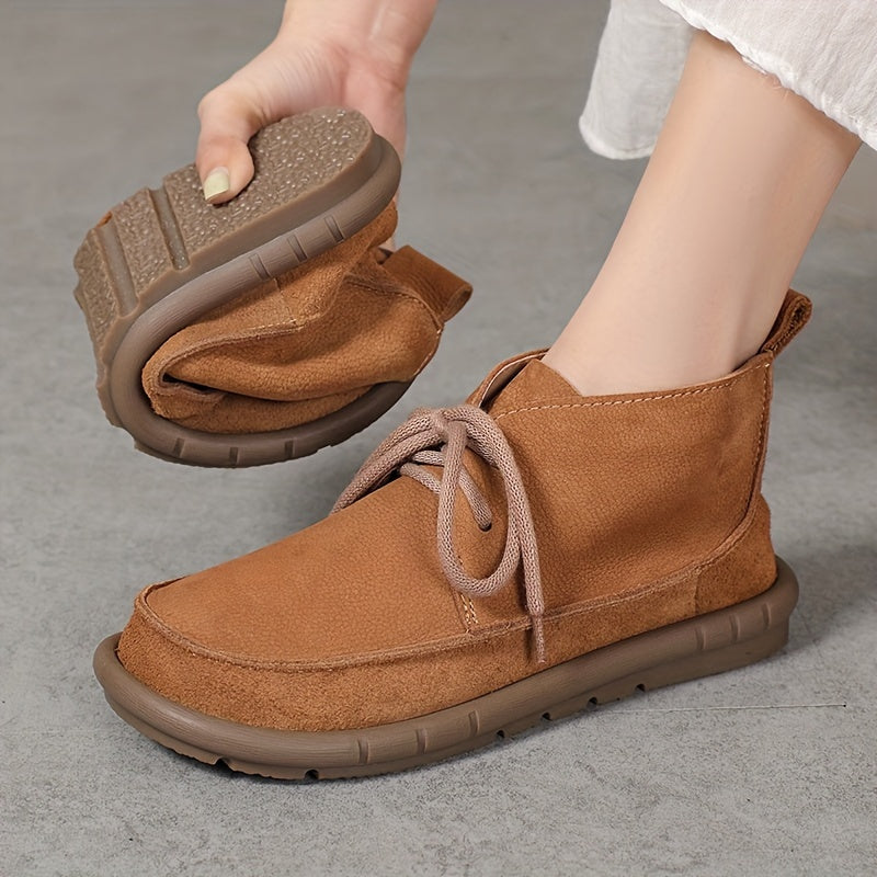 Women Cow Leather Ankle Boots Solid Color Lace-Up Flat Heel All-Season