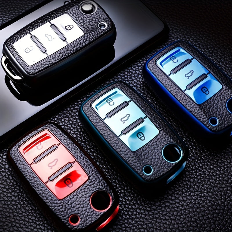 Car Key Protective Cover Leather Grain 3-Button Anti-fall Wear-Resistant