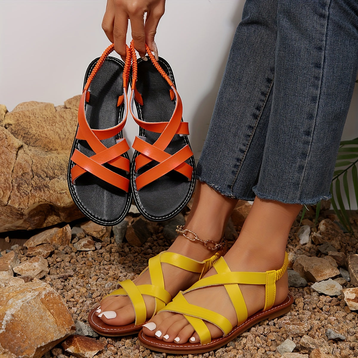 Женские плоские сандалии в римском стиле с переплётными ремешками, открытым носком, летние пляжные обувь