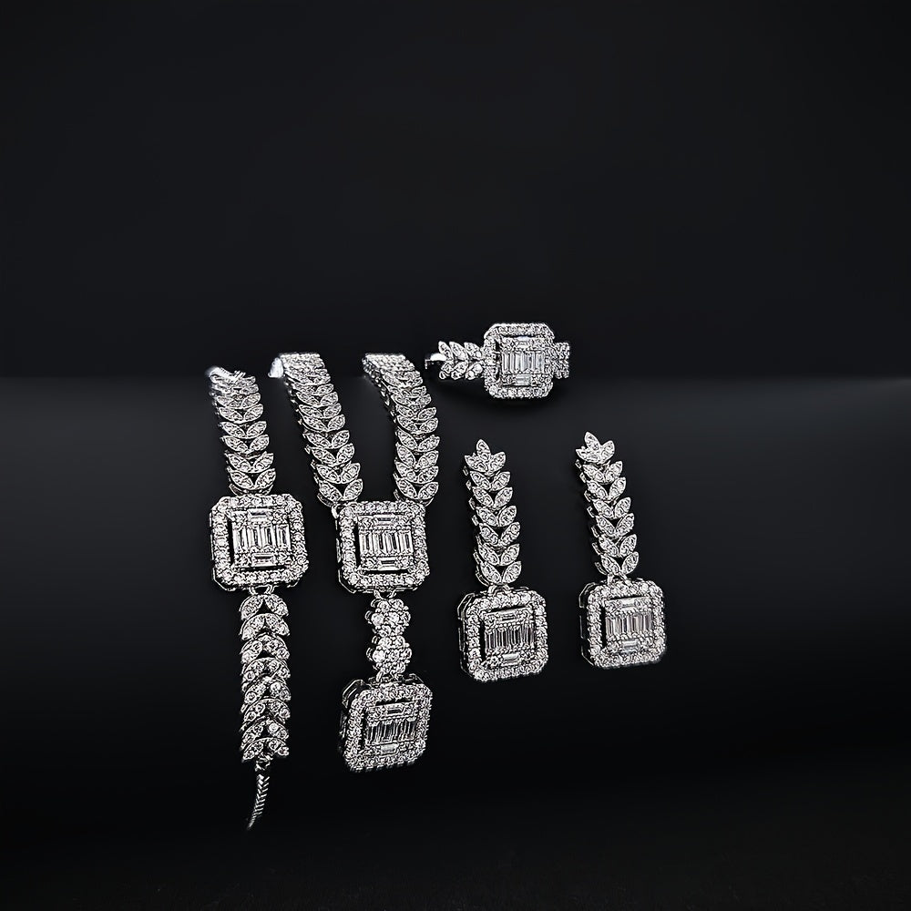 Elegant 4-Piece Jewelry Set Cubic Zirconia Necklace Earrings Bracelet Ring for Weddings