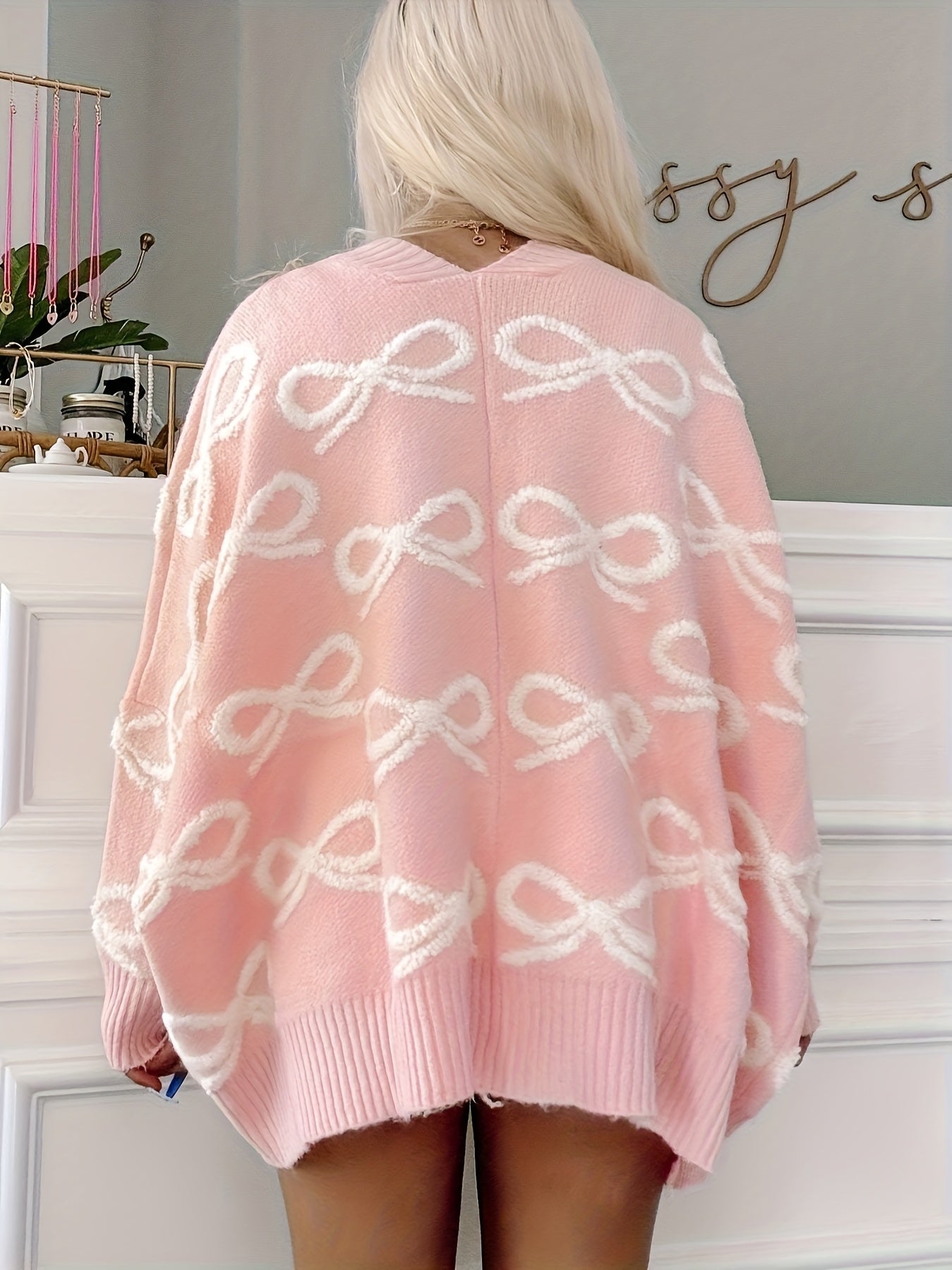 Women's Pink Oversized Butterfly Pattern V-Neck Cardigan Cozy Fall Sweater