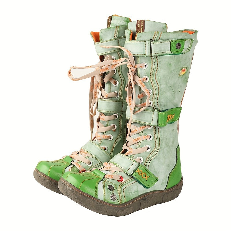 Women's Ankle Boots Winter Vintage Multi-Patch Leather Fleece Lined