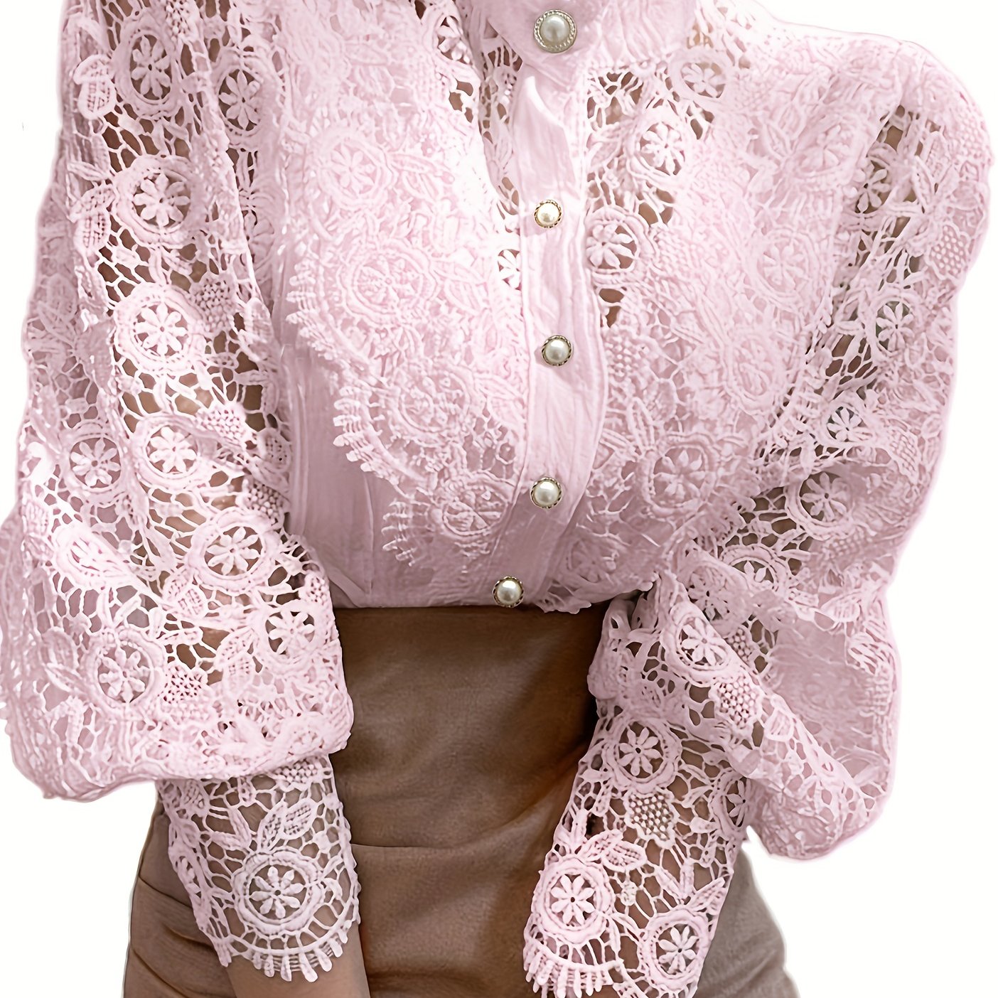 Victorian Lace Blouse for Women with Pearl Buttons Floral Pattern Long Sleeve Woven Cotton Polyester Top