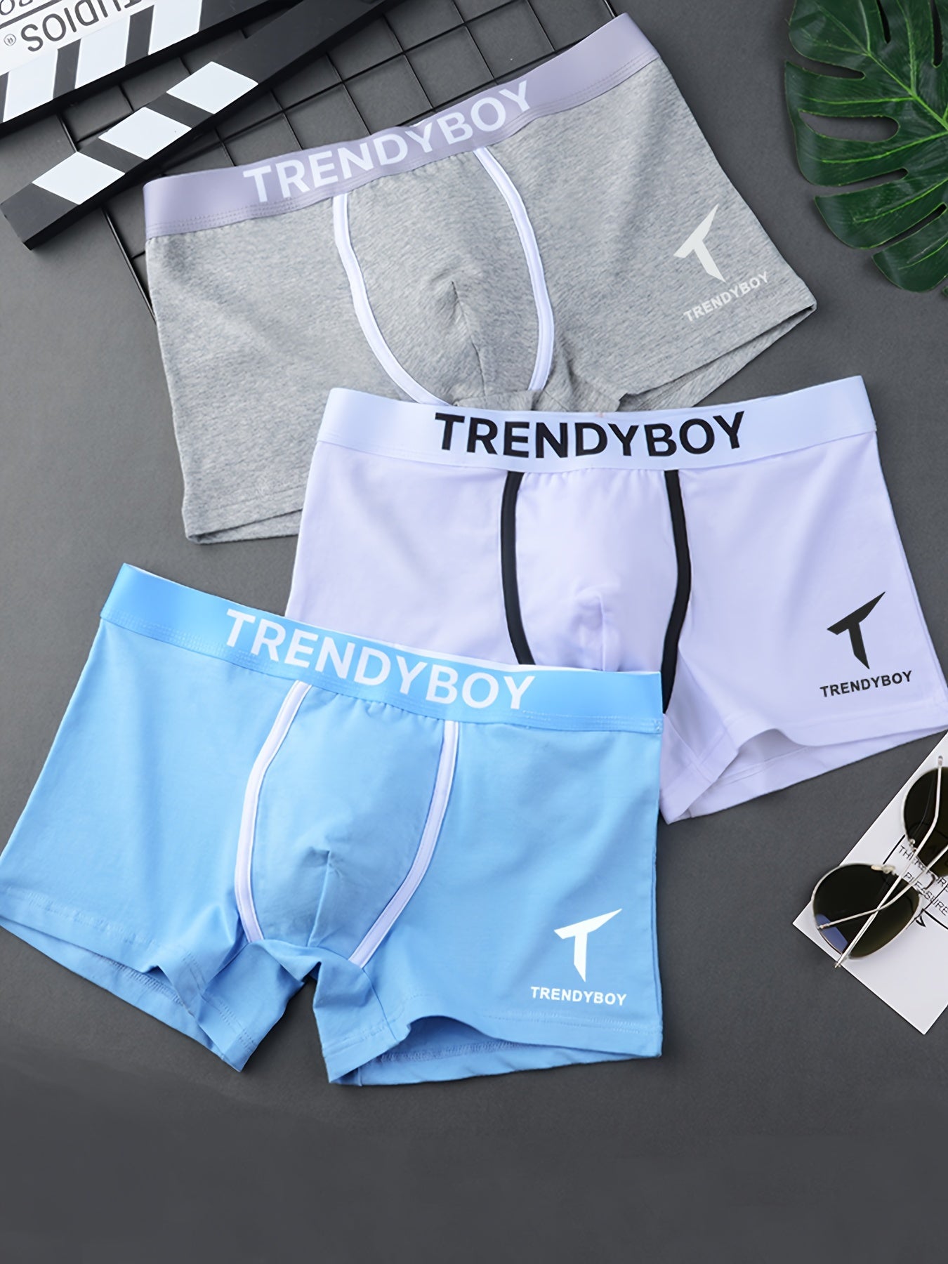 Men's Breathable Geometric Pattern Boxer Briefs Pack of 3 Medium Stretch Polyester Elastane