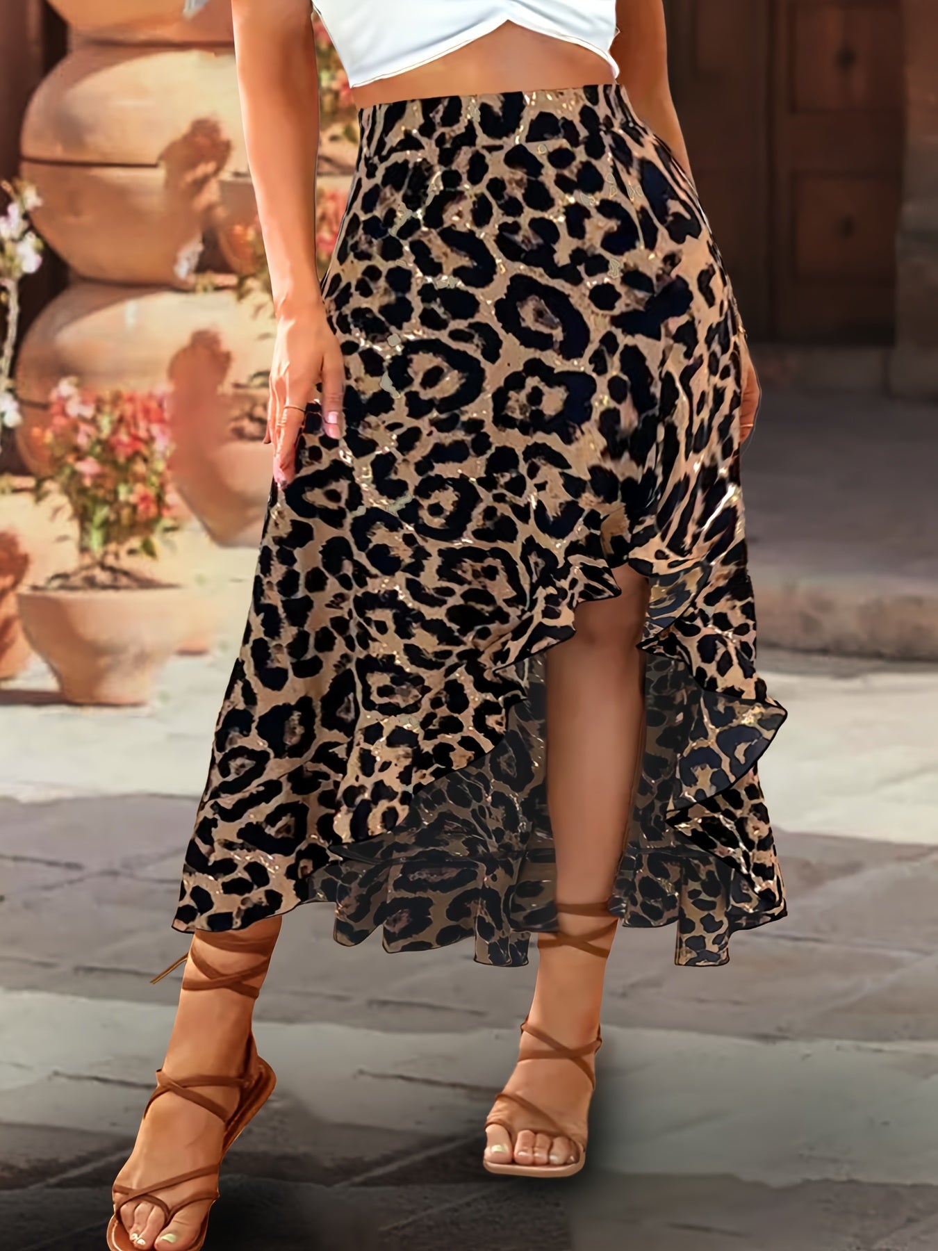 Women Leopard Print Maxi Skirt with Ruffled Hem, Stretchy Waist, Flowy