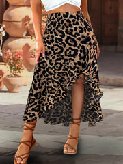 Women Leopard Print Maxi Skirt with Ruffled Hem, Stretchy Waist, Flowy