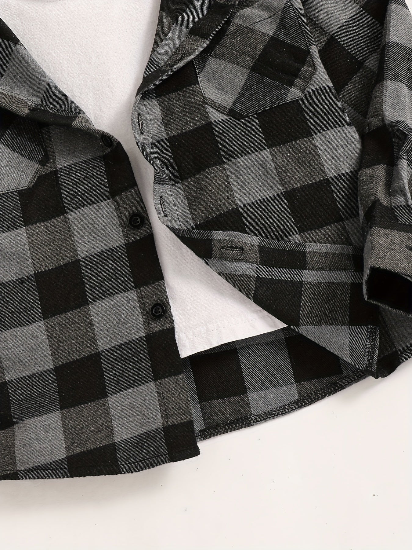 Camisa con capucha de manga larga a cuadros en azul y negro para niños en poliéster, casual para otoño e invierno