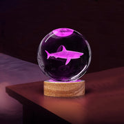 3D Shark Crystal Ball Night Light with Wooden LED Base USB Powered Bedroom Decor Gift