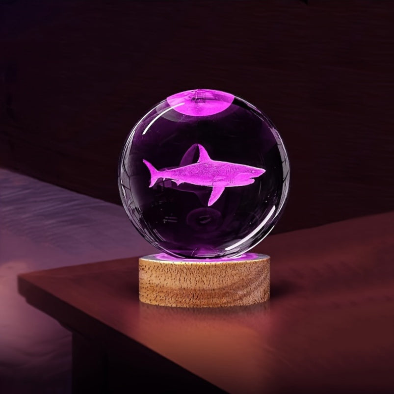 Lámpara de noche de bola de cristal 3D Shark con base de madera LED, alimentada por USB, decoración para dormitorio, regalo