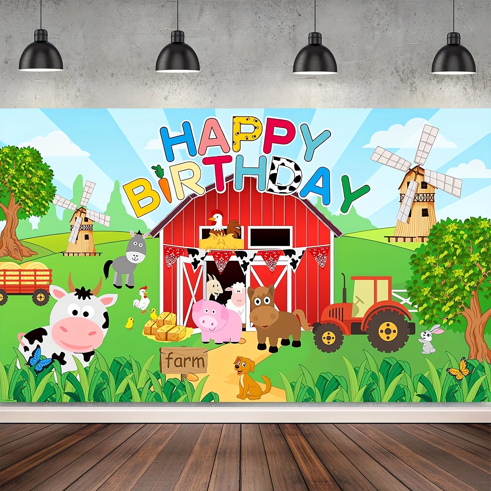 Large Farm Animal Birthday Party Backdrop Polyester Photo Background for Kids Celebrations 129x150cm
