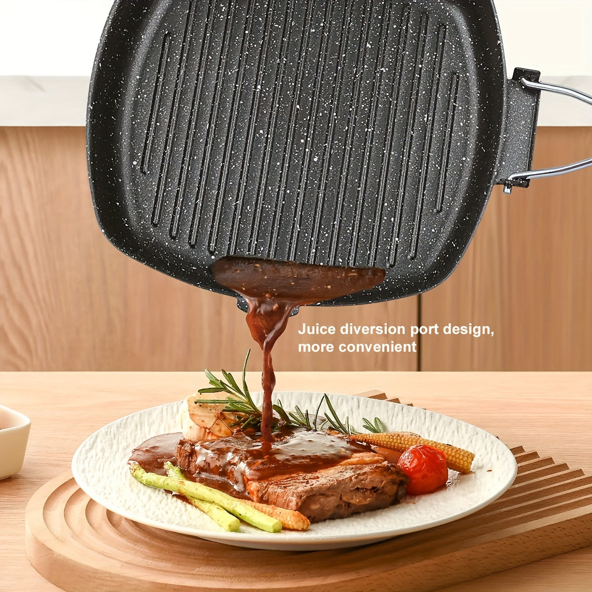 Aluminum Skillet with Non-Stick Coating and Foldable Wood Handle for Breakfast and Steak