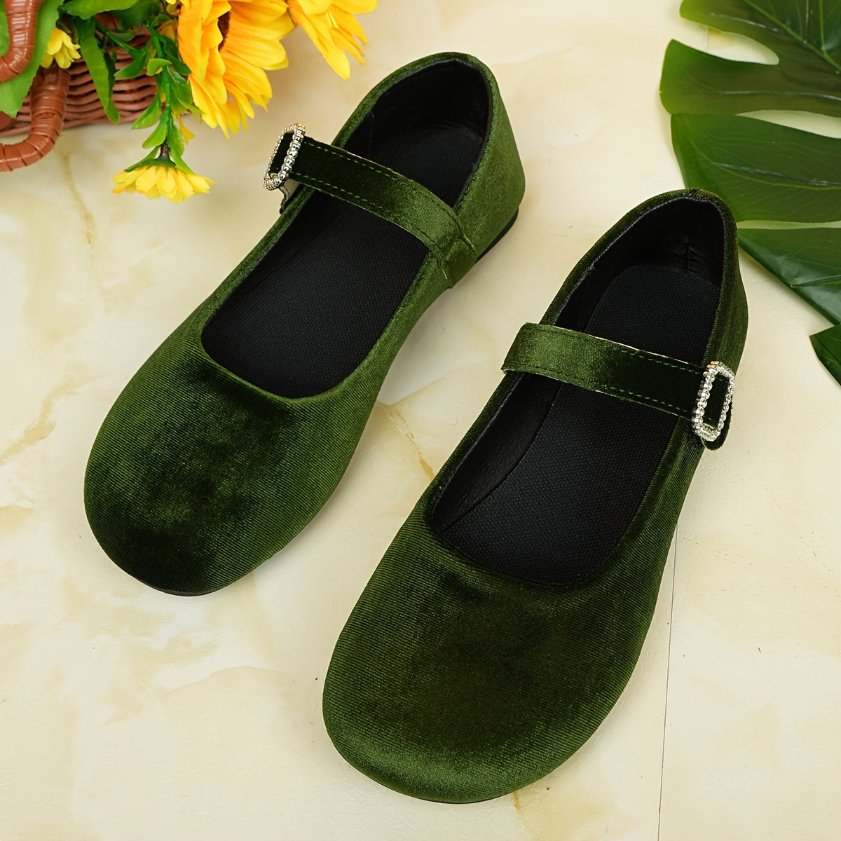 Ayollar Mary Jane tuflari, rhinestone tokchali, yashil, yengil fleece, qulay