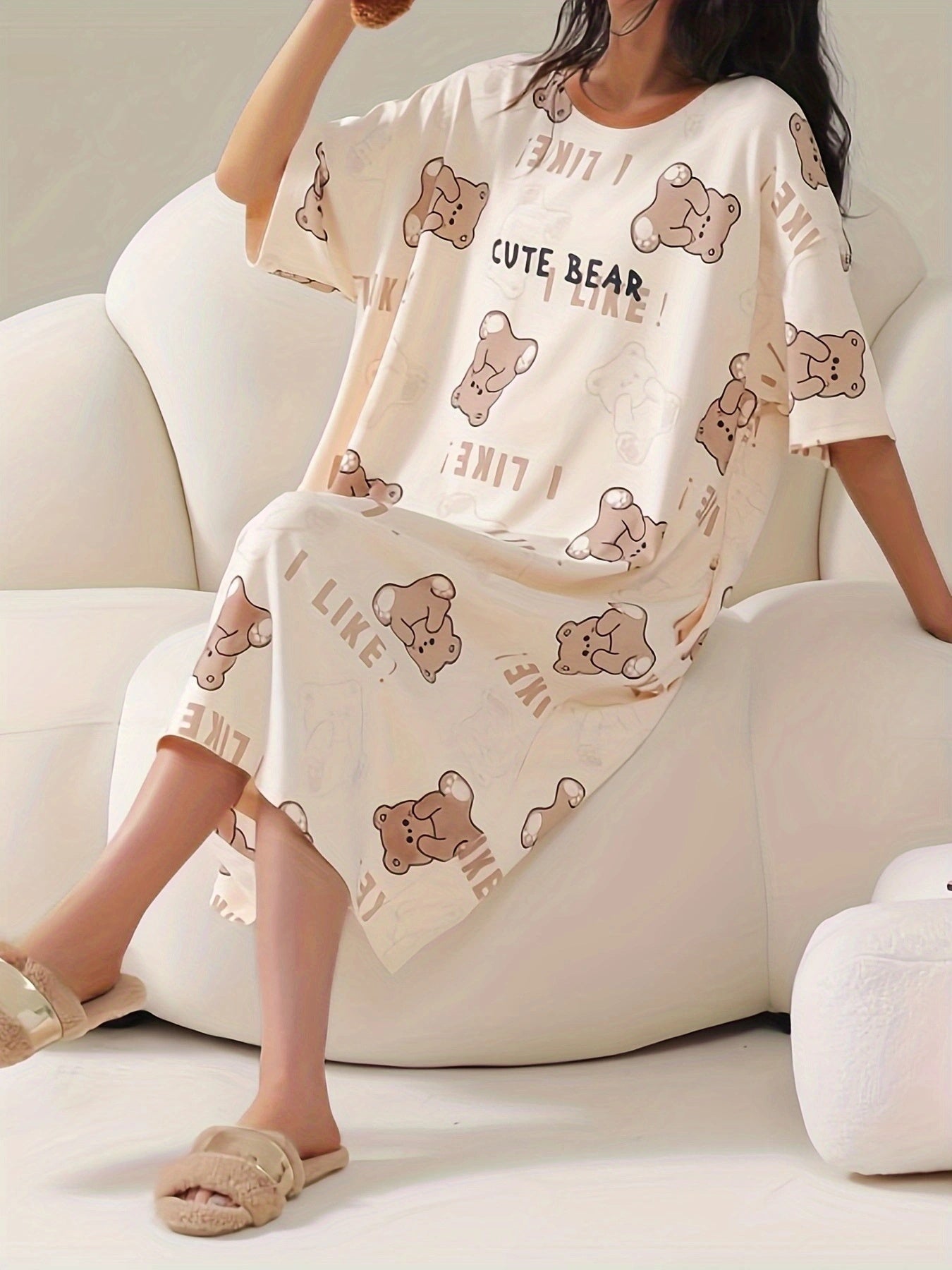 Women's Summer Cartoon Bear Print Slim Fit Dress Short Sleeve Crew Neck