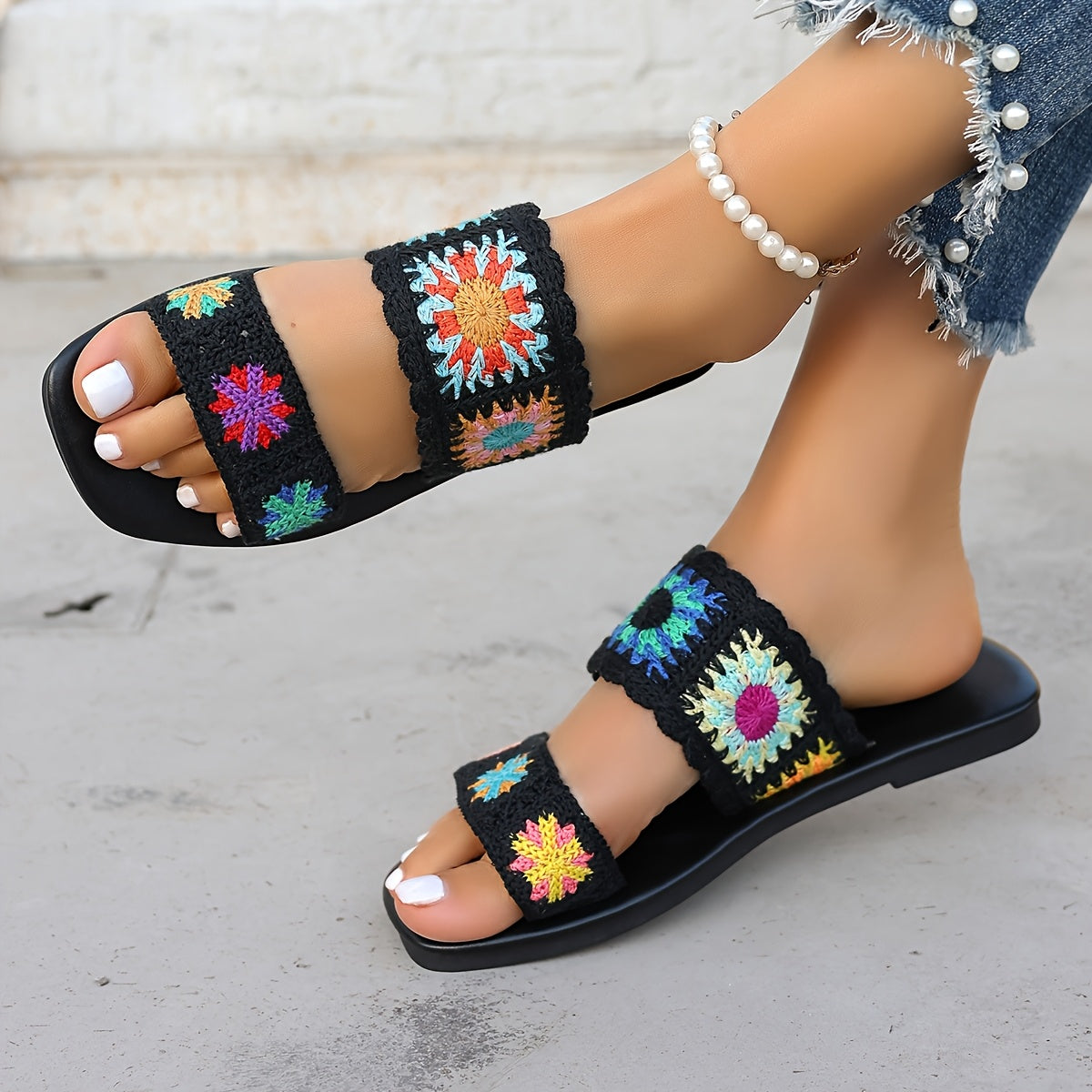 Women's Colorful Lace Crochet Bohemian Flat Sandals Beach Travel Slippers