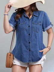 Women's Plus Size Denim-Style Button-Up Blouse with Flap Pockets