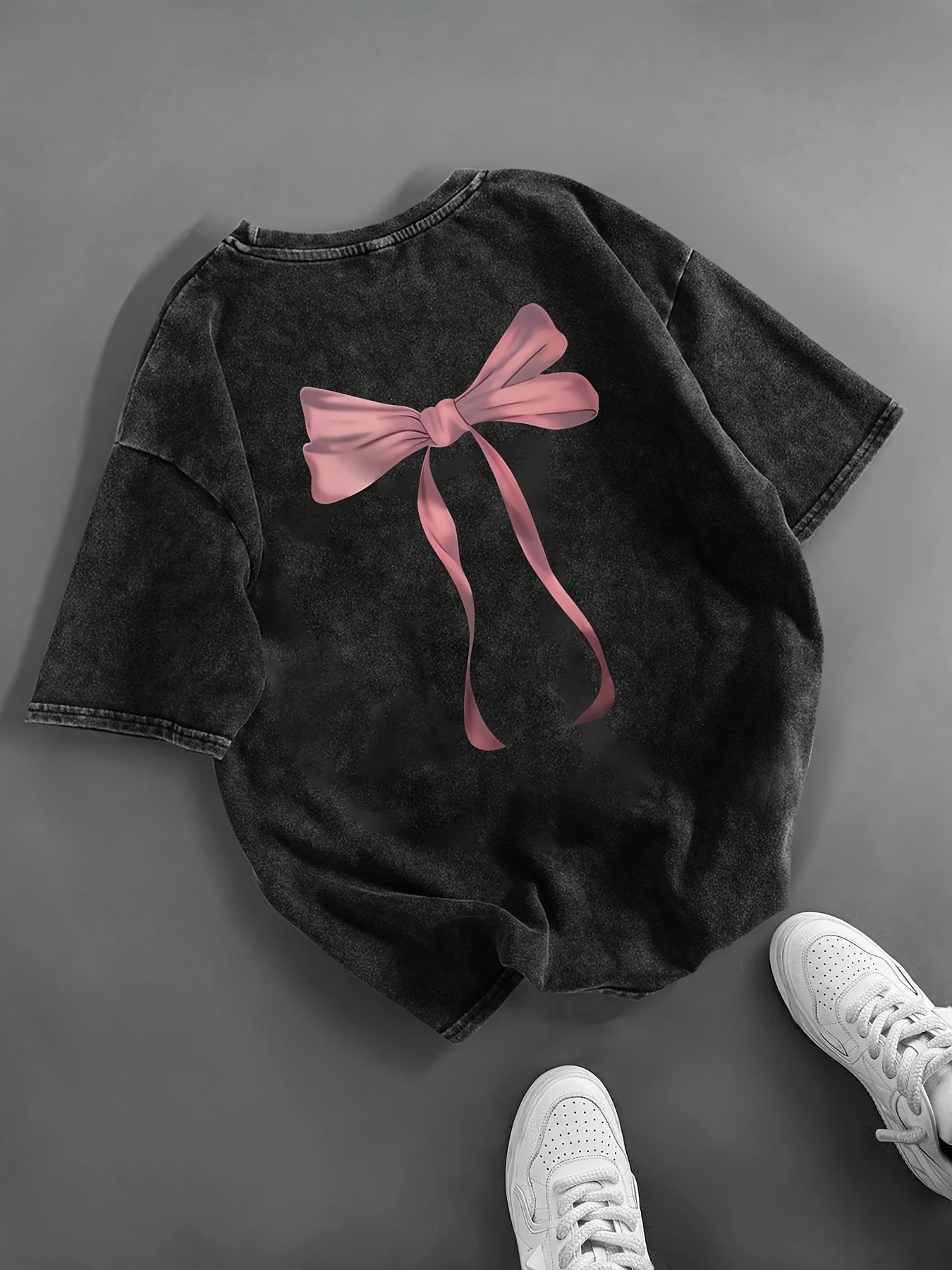 Women's Black Distressed T-Shirt with Pink Bow Print Short Sleeve Crew Neck Summer Cotton Blend