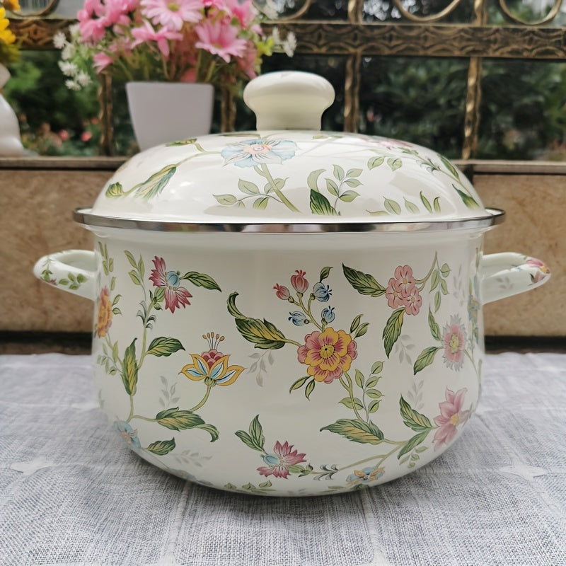 20cm Vintage Enamel Soup Pot with Lid Non-Stick for Pasta and Milk Sauce