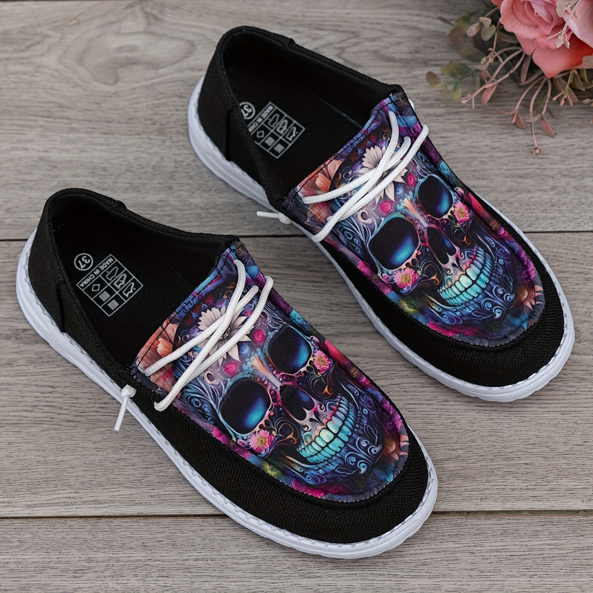 Women Black Loafers with Colorful Skull Design Breathable Non-Slip Slip-On
