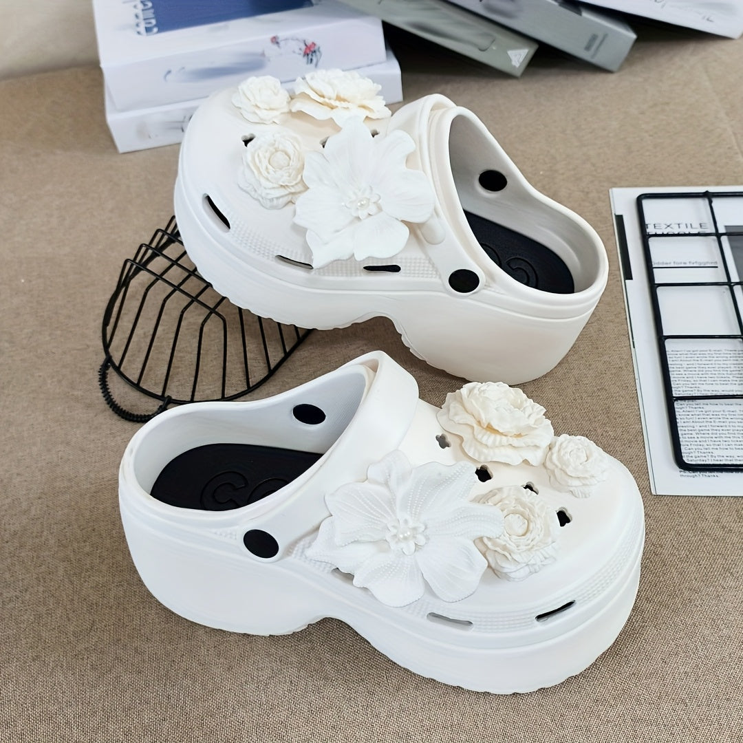 Women Floral Mule Shoes White Black Accents Non-Slip EVA Comfortable