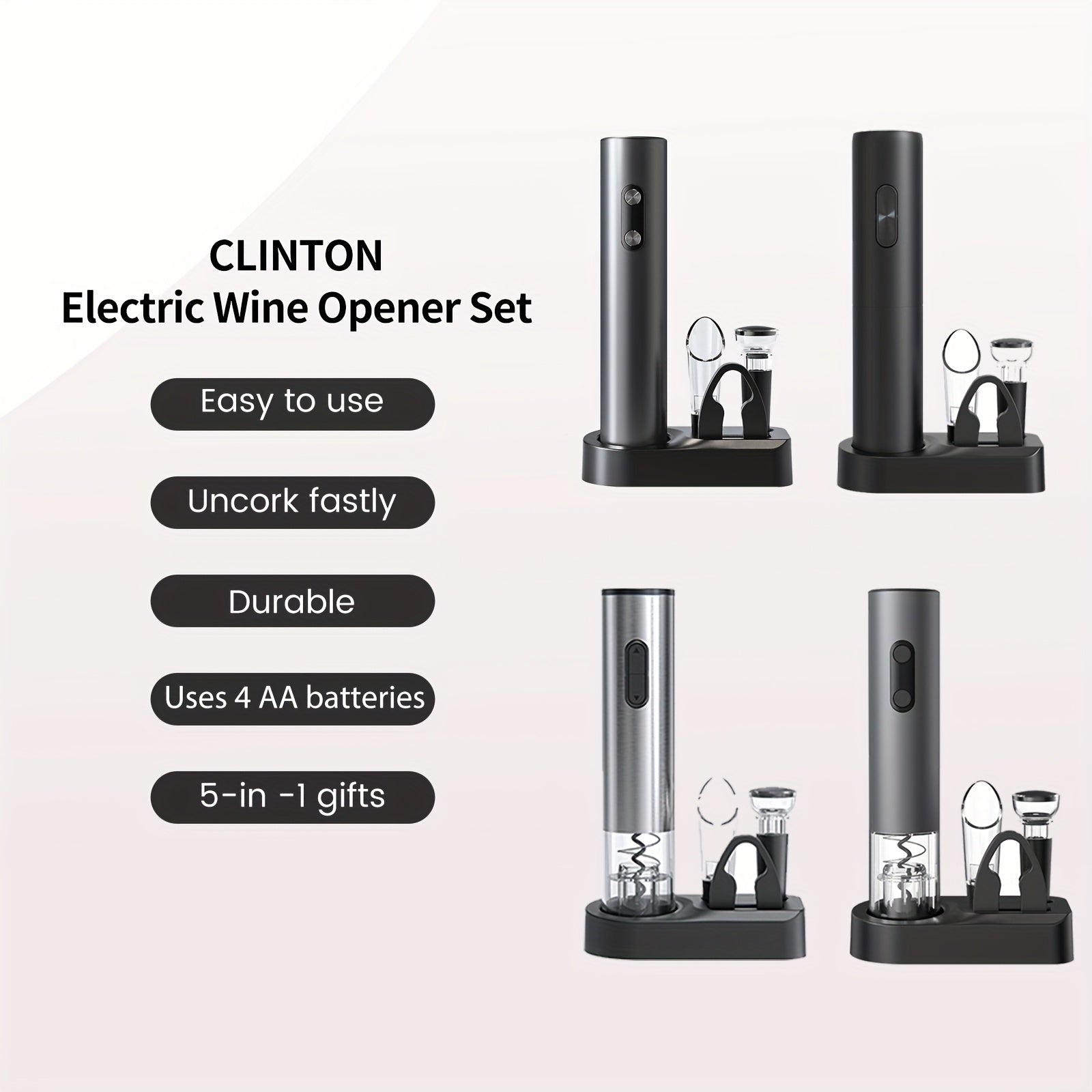 Electric Wine Bottle Opener Set with Foil Cutter and Stopper for Home Bar