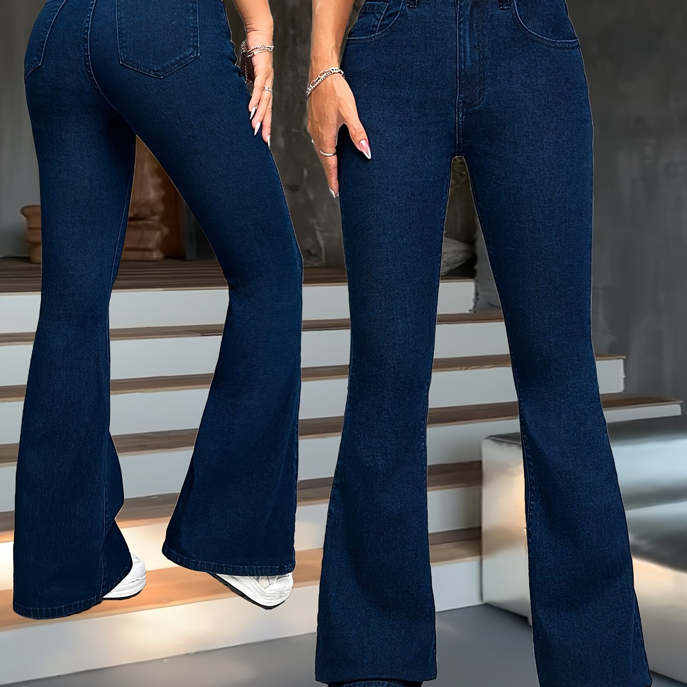 Navy High Waist Flare Leg Denim Trousers with Elastic Waist for All Seasons