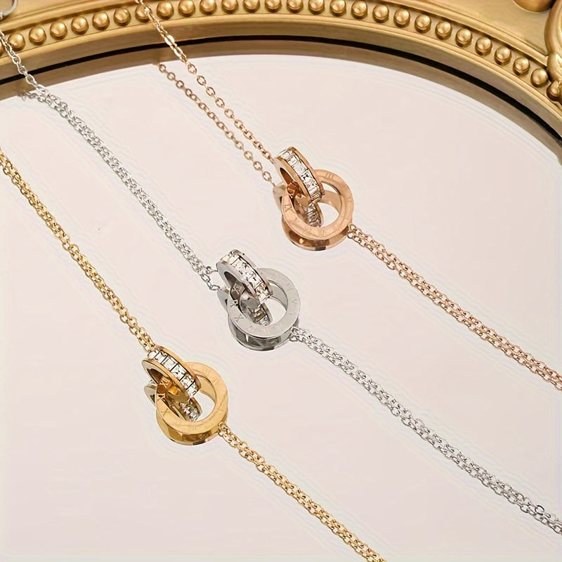 Women's Stainless Steel Bracelet with Double-Loop Roman Numerals and Zirconia