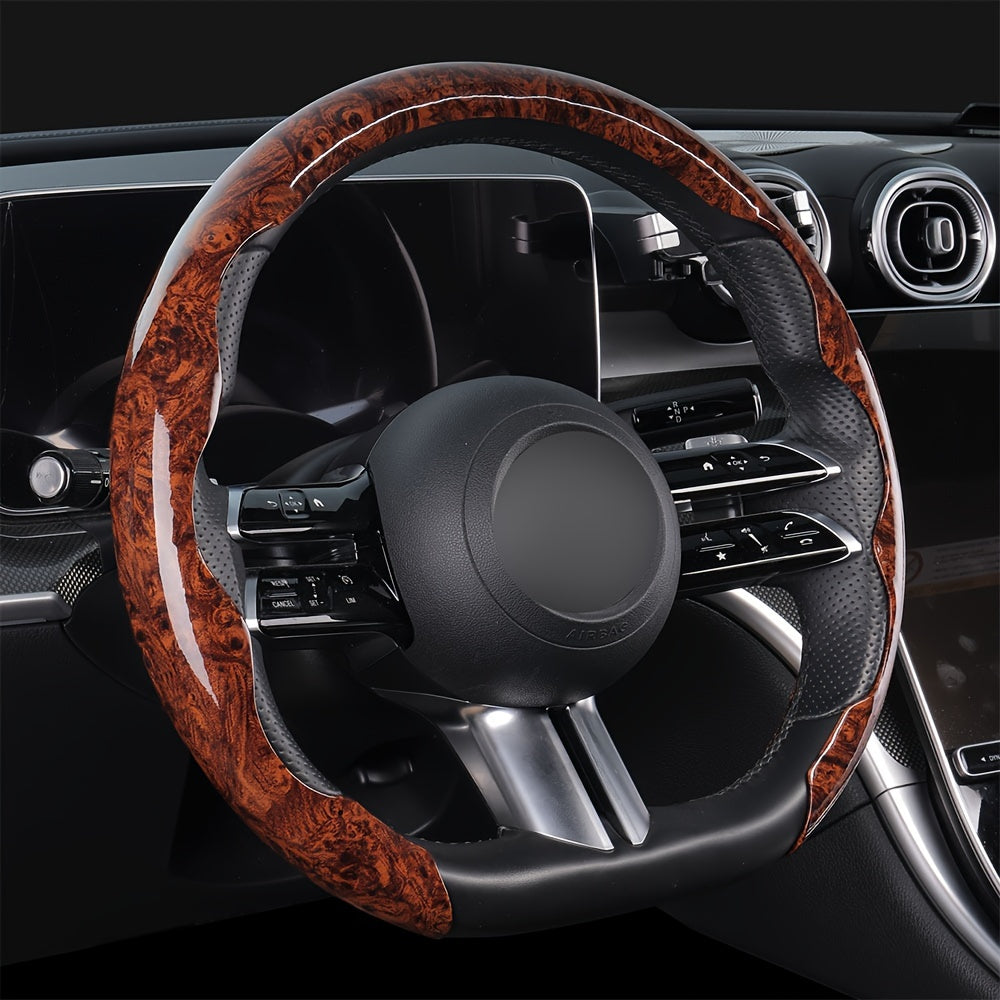 Car Steering Wheel Cover Mahogany Grain Leather Anti-Slip Universal