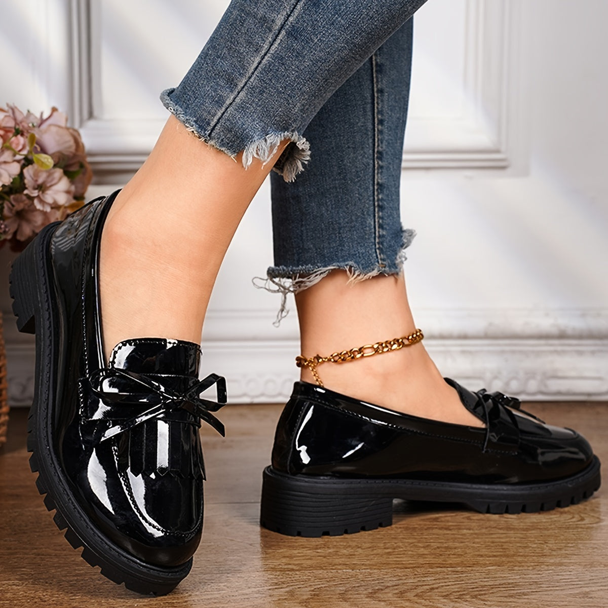 Women's Leather Tassel Loafers with Chunky Heel and Bowknot