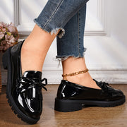 Women's Leather Tassel Loafers with Chunky Heel and Bowknot